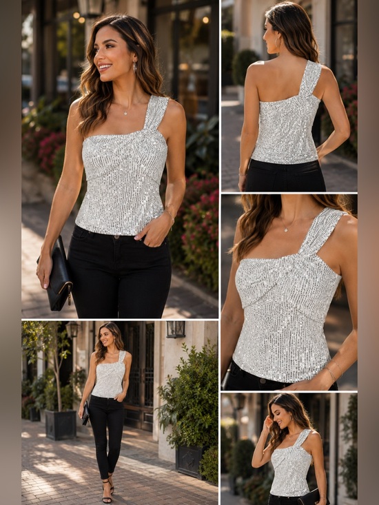 Grace Karin Tops - Grace Karin White Sequin One Shoulder Top | Sparkle Blouse | Party Top | Size M